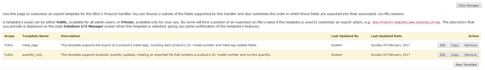 DbIo Template Listing